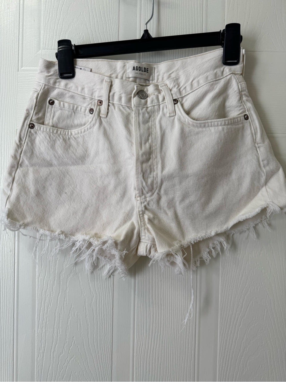 Agolde Off-White Frayed Hem Denim Shorts